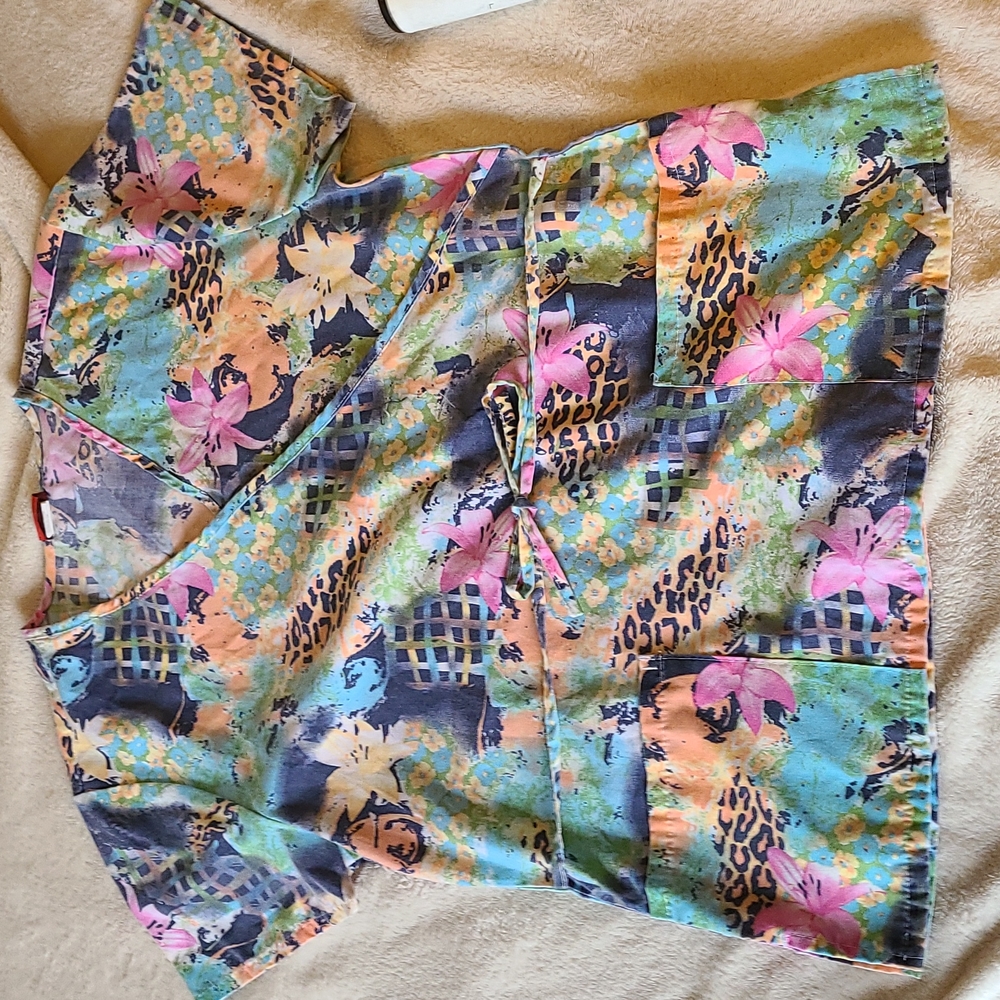 Cheeta and Flower Print Scrub Top